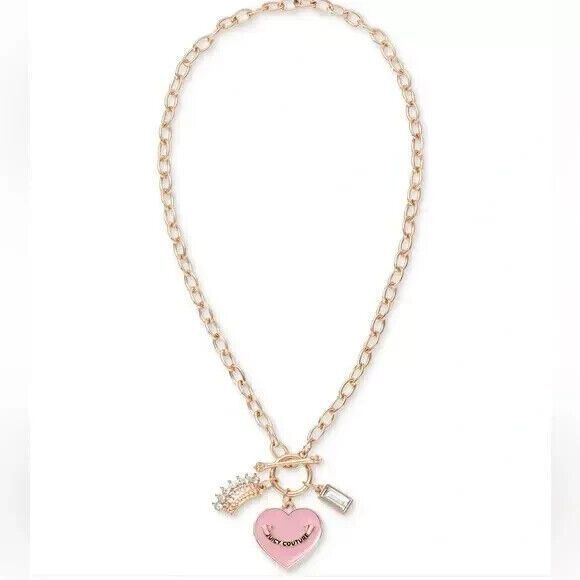 JUICY COUTURE Chain Necklace Gold Heart Pendant Crown Charm Toggle Rhinestone - Picture 1 of 5